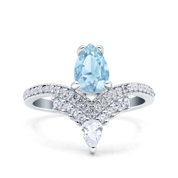 Art Deco Solitaire Accent Pear Wedding Bridal Ring Band Simulated Aquamarine CZ 925 Sterling Silver